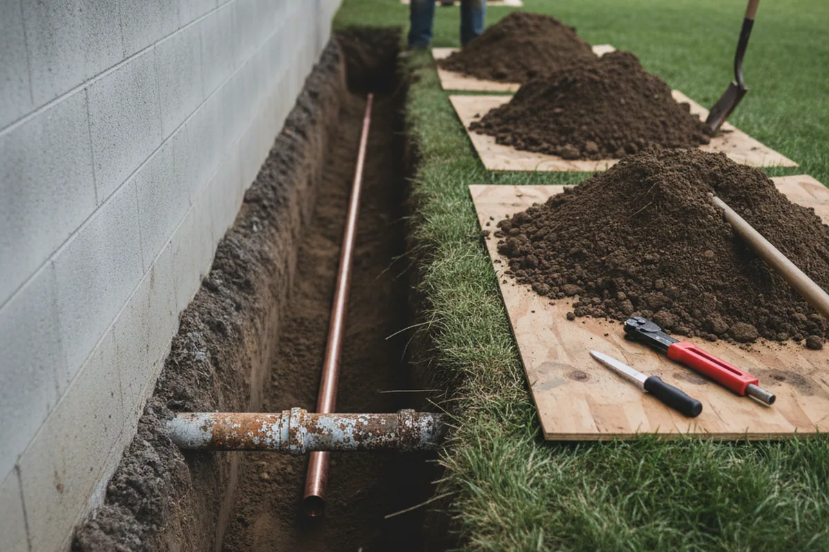 Excavated water line trench during Water Softener Installation in Republic